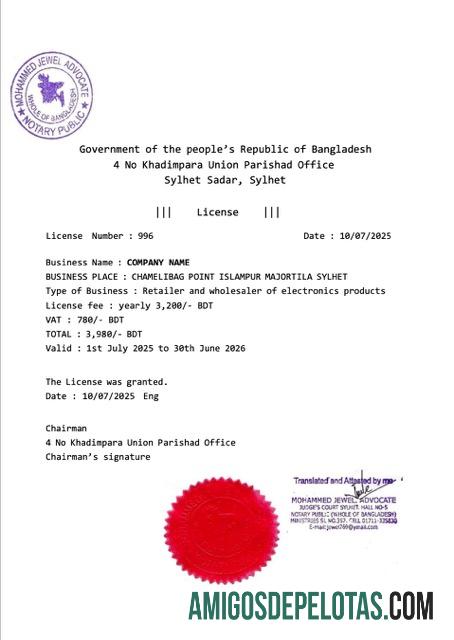 Licença comercial de Bangladesh em branco modelo Word e PDF